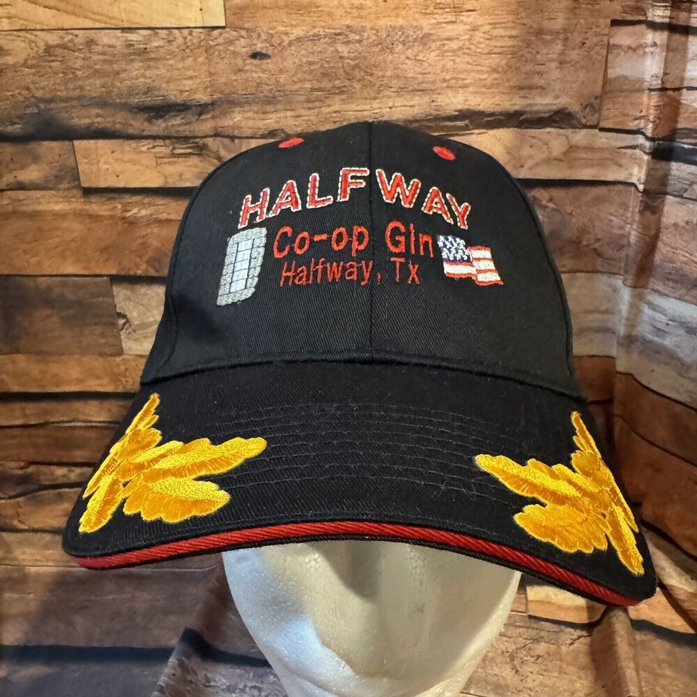 Halfway Co-Op Gin Halfway Texas Hat H & L Strapback Cap Cotton Bale USA Flag